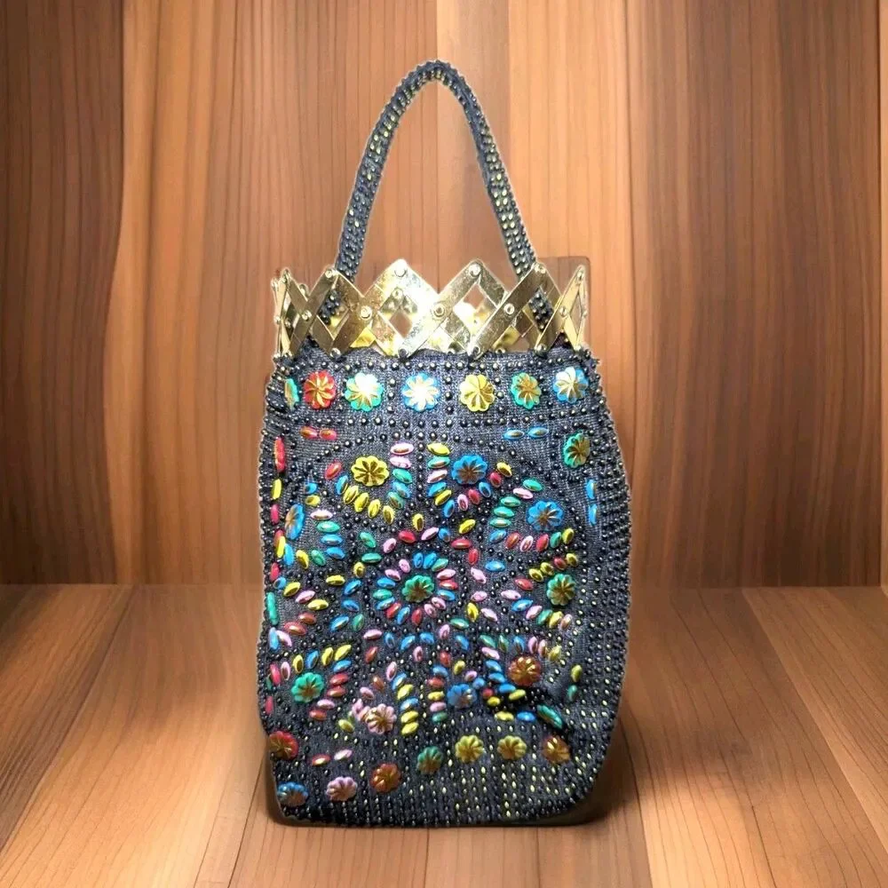 Beaded Evening Purse Handbag Colorful Beads on Black Accordian Top Handle 8 x 6